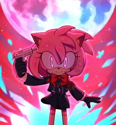 Size: 2800x3000 | Tagged: safe, artist:corroxion, amy rose, 2026, armband, bowtie, cosplay, crossover, female, gun, headphones, holding something, moon, persona (series), school uniform, skirt, smile, solo, standing