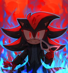 Size: 2800x3000 | Tagged: safe, artist:corroxion, shadow the hedgehog, 2026, blood, blood on face, coat, cosplay, crossover, fire, holding something, looking at viewer, mask, pants, persona (series), red gloves, smile, solo, standing