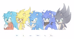 Size: 3500x1900 | Tagged: safe, artist:corroxion, nicky, sonic the hedgehog, super sonic, sonic x, 2026, dark form, dark sonic, english text, group, looking at viewer, self paradox, simple background, smile, sonic boom (tv), sonic the hedgehog (shogakukan), super form, white background, wink