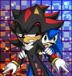 Size: 650x687 | Tagged: safe, artist:qwisse, shadow the hedgehog, sonic the hedgehog, 2012, abstract background, clenched teeth, duo, frown, hiding, holding arm, holding them, lidded eyes, looking at them, looking offscreen, mouth open, standing