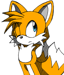 Size: 771x900 | Tagged: safe, artist:qwisse, miles "tails" prower, 2012, frown, hand behind head, looking back, looking offscreen, one eye closed, simple background, solo, standing, transparent background