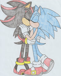 Size: 1920x2395 | Tagged: safe, artist:realgodzilla1998yt, shadow the hedgehog, sonic the hedgehog, 2026, duo, eyes closed, gay, holding each other, kiss, kiss on lips, shadow x sonic, shipping, simple background, standing, traditional media, treads, white background
