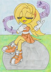 Size: 1920x2713 | Tagged: safe, artist:realgodzilla1998yt, oc, oc:lora the eagle, bird, eagle, 2026, daytime, eyes closed, grass, hand on chest, mouth open, musical note, oc only, open smile, outdoors, rock, singing, sitting, smile, solo