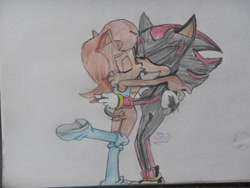 Size: 640x480 | Tagged: safe, artist:funnyhedgehog23, sally acorn, shadow the hedgehog, 2014, crack shipping, duo, eyes closed, grey background, holding each other, kiss, kiss on lips, sally x shadow, shipping, simple background, standing, standing on one leg, straight, traditional media, treads, wagging tail