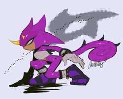 Size: 2048x1651 | Tagged: safe, artist:fleetstarr, espio the chameleon, 2026, chameleon, chest binding, dark bags under eyes, female, frown, gender swap, grey background, horns, lidded eyes, looking offscreen, side view, signature, simple background, solo