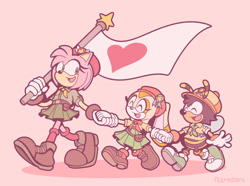 Size: 2048x1527 | Tagged: safe, artist:charmsterz, amy rose, charmy bee, cream the rabbit, bee, hedgehog, rabbit, sonic rumble, 2026, bag, belt, brown shoes, clothes, cute, eyes closed, female, flag, gloves, green shoes, hat, heart, holding hands, holding something, male, mouth open, necktie, open smile, pink background, scout outfit, shoes, simple background, skirt, smile, standing, star (symbol), treads, trio, walking
