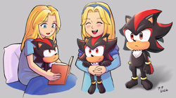 Size: 3554x1988 | Tagged: safe, artist:arthe100, maria robotnik, shadow the hedgehog, hedgehog, human, 2026, aged up, barefoot, bed, blushing, book, child, duo, eyes closed, female, gloves off, grey background, holding them, male, mouth open, pillow, reading, simple background, sitting, smile