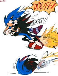 Size: 1159x1500 | Tagged: safe, artist:blahlahblash, shadow the hedgehog, sonic the hedgehog, hedgehog, comic:an old comic (blahlahblash), 2025, attacking, clenched teeth, comic, duo, eyes closed, male, simple background, spindash, white background