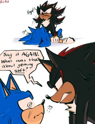 Size: 1159x1500 | Tagged: safe, artist:blahlahblash, shadow the hedgehog, sonic the hedgehog, hedgehog, comic:an old comic (blahlahblash), 2026, comic, duo, english text, frown, gay, looking at each other, looking at them, lying down, male, shadow x sonic, shipping, simple background, speech bubble, white background