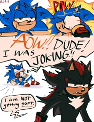 Size: 1159x1500 | Tagged: safe, artist:blahlahblash, shadow the hedgehog, sonic the hedgehog, hedgehog, comic:an old comic (blahlahblash), 2025, blood, blushing, comic, duo, english text, hand on own face, lidded eyes, looking at them, male, mouth open, nosebleed, punching, shipping denied, simple background, speech bubble, white background