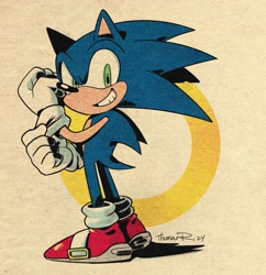 Size: 1379x1426 | Tagged: safe, artist:thomas_rsvd, sonic the hedgehog, 2024, grin, hand up, looking at viewer, simple background, smile, solo, standing
