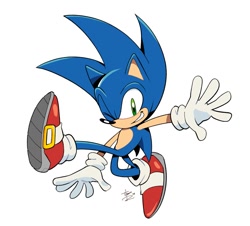 Size: 1373x1240 | Tagged: safe, artist:thomas_rsvd, sonic the hedgehog, hedgehog, 2024, grin, looking at viewer, male, redraw, simple background, smile, solo, white background, wink