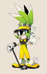 Size: 819x1306 | Tagged: safe, artist:thomas_rsvd, surge the tenrec, tenrec, 2024, alternate outfit, alternate shoes, ball, female, golf ball, golf club, grin, holding something, looking at viewer, ring (jewelry), sharp teeth, simple background, smile, solo, standing