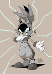 Size: 1379x1972 | Tagged: safe, artist:thomas_rsvd, surge the tenrec, tenrec, 2024, chromatic aberration, female, grin, ring (jewelry), sharp teeth, simple background, smile, solo, standing
