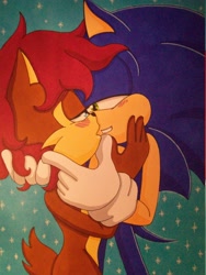 Size: 2748x3664 | Tagged: safe, artist:azumiangel, sally acorn, sonic the hedgehog, chipmunk, hedgehog, 2009, blushing, duo, female, grin, looking at each other, male, naked, sally x sonic, shipping, smile, smiling at each other, sparkles, straight