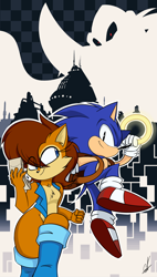 Size: 2198x3871 | Tagged: safe, artist:thecosmic2006hot, nicole the handheld, robotnik, sally acorn, sonic the hedgehog, chipmunk, hedgehog, 2023, abstract background, alternate version, artist signature, backpack, building, duo, female, holding something, male, ring, sally x sonic, sally's vest and boots, shipping, smile, sonic satam, straight