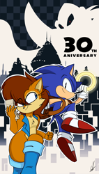 Size: 2198x3871 | Tagged: safe, artist:thecosmic2006hot, nicole the handheld, robotnik, sally acorn, sonic the hedgehog, chipmunk, hedgehog, 2023, abstract background, alternate version, anniversary, artist signature, backpack, building, duo, english text, female, holding something, male, ring, sally x sonic, sally's vest and boots, shipping, smile, sonic satam, straight