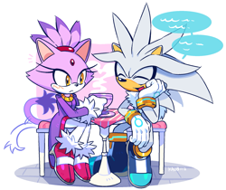Size: 1973x1659 | Tagged: safe, artist:kaob1112, blaze the cat, silver the hedgehog, cat, hedgehog, 2026, artist name, blaze x silver, blushing, chair, cup, daytime, dialogue, drink, duo, english text, eyes closed, female, hot drink, looking at each other, male, shipping, sitting, speech bubble, straight, table, talking, tea