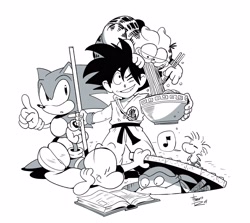 Size: 2984x2656 | Tagged: safe, artist:thomas_rsvd, sonic the hedgehog, cat, hedgehog, 2024, bone (series), book, bowl, chopsticks, classic sonic, classic sonic (universe), crossover, dragon ball, eating, food, garfield, greyscale, group, head rest, holding something, literal animal, looking at each other, looking at them, male, monochrome, on head, peanuts comic, reading, simple background, standing, teenage mutant ninja turtles, turtle, white background, wink