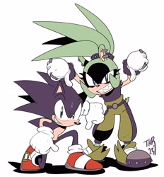 Size: 3506x3778 | Tagged: safe, artist:thomas_rsvd, sonic the hedgehog, surge the tenrec, hedgehog, tenrec, 2023, duo, female, grin, looking at viewer, male, ring (jewelry), sharp teeth, simple background, smile, standing, thumbs down, white background