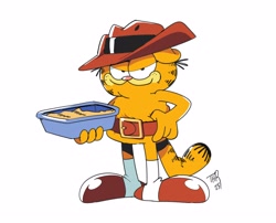 Size: 4072x3288 | Tagged: safe, artist:thomas_rsvd, nack the weasel, 2023, barely sonic related, belt, cosplay, food, garfield, hat, holding something, lidded eyes, looking at viewer, simple background, solo, standing, white background