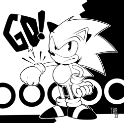 Size: 742x739 | Tagged: safe, artist:thomas_rsvd, sonic the hedgehog, hedgehog, 2023, classic sonic, classic sonic (universe), clenched fist, greyscale, male, monochrome, ring, solo, standing