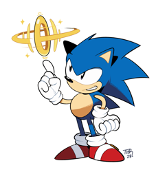 Size: 811x834 | Tagged: safe, artist:thomas_rsvd, sonic the hedgehog, hedgehog, 2023, classic sonic, classic sonic (universe), grin, male, ring, simple background, smile, solo, standing, white background