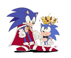Size: 1234x1005 | Tagged: safe, artist:thomas_rsvd, sonic the hedgehog, hedgehog, 2023, birthday, bowtie, cape, classic sonic, classic sonic (universe), crown, duo, grin, looking at them, male, self paradox, simple background, smile, sparkles, standing, white background