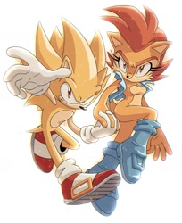 Size: 1536x1880 | Tagged: safe, artist:jadepesky, sally acorn, sonic the hedgehog, super sonic, chipmunk, hedgehog, 2026, duo, female, floating, frown, holding hands, looking at viewer, male, sally x sonic, sally's vest and boots, shipping, simple background, straight, super form, super sally, white background