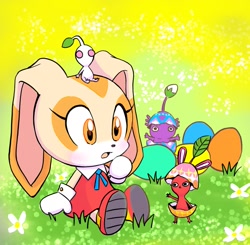 Size: 1139x1117 | Tagged: safe, artist:marimo838, cream the rabbit, easter egg, egg, eggshell, grass, group, looking at them, mouth open, pikmin, sitting, sitting on them, standing