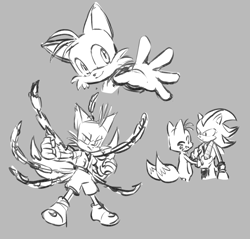 Size: 1000x957 | Tagged: safe, artist:marimo838, miles "tails" prower, nine, shadow the hedgehog, fox, hedgehog, sonic prime, clenched fists, grey background, greyscale, holding something, looking at them, male, monochrome, mouth open, reaching towards the viewer, scarf, simple background, sketch, smile, trio