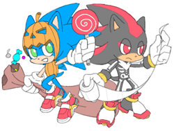Size: 600x453 | Tagged: safe, artist:marimo838, shadow the hedgehog, sonic the hedgehog, bag, candy, costume, duo, food, frown, halloween, halloween outfit, holding something, lidded eyes, lollipop, mouth open, simple background, smile, white background