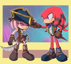 Size: 1000x896 | Tagged: safe, artist:marimo838, amy rose, knuckles the echidna, sonic prime, black rose, duo, eyes closed, hat, holding something, knuckles the dread, looking at them, smile, standing, sword, weapon