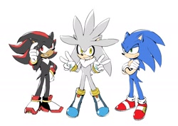 Size: 2000x1422 | Tagged: safe, artist:marimo838, shadow the hedgehog, silver the hedgehog, sonic the hedgehog, arms folded, double v sign, duo, frown, grin, lidded eyes, personality swap, simple background, smile, standing, sweat, v sign, white background