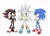 Size: 2000x1422 | Tagged: safe, artist:marimo838, shadow the hedgehog, silver the hedgehog, sonic the hedgehog, hedgehog, arms folded, double v sign, duo, frown, grin, lidded eyes, male, personality swap, simple background, smile, standing, sweat, v sign, white background