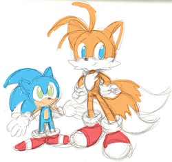 Size: 400x377 | Tagged: safe, artist:marimo838, miles "tails" prower, sonic the hedgehog, duo, height difference, simple background, sketch, smile, standing, white background