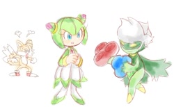 Size: 1000x617 | Tagged: safe, artist:marimo838, cosmo the seedrian, miles "tails" prower, seedrian, sonic x, crossover, eyes closed, mouth open, pokemon, roserade, simple background, smile, trio, white background