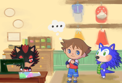 Size: 700x478 | Tagged: safe, artist:marimo838, chris thorndyke, shadow the hedgehog, sonic the hedgehog, human, sonic x, ..., animal crossing, crossover, indoors, standing, trio