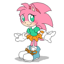Size: 300x300 | Tagged: safe, artist:marimo838, amy rose, classic amy, classic sonic (universe), looking offscreen, simple background, smile, solo, standing, white background
