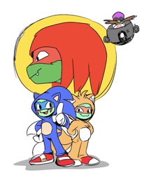 Size: 885x1076 | Tagged: safe, artist:marimo838, knuckles the echidna, miles "tails" prower, sonic the hedgehog, barely sonic related, cosplay, crossover, eggmobile, group, simple background, standing, teenage mutant ninja turtles, turtle, white background