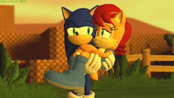 Size: 1920x1080 | Tagged: safe, artist:micktrap397, sally acorn, sonic the hedgehog, chipmunk, hedgehog, green hill zone, 2020, 3d, carrying them, duo, female, gmod, looking at each other, male, sally x sonic, sally's vest and boots, shipping, smile, smiling at each other, straight, sunset, walking