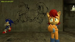 Size: 1920x1080 | Tagged: safe, artist:micktrap397, sally acorn, sonic the hedgehog, chipmunk, hedgehog, 2020, 3d, building, duo, female, gmod, graffiti, indoors, leaning, looking at each other, male, reunion, ringblader, sally x sonic, sally's vest and boots, shipping, smile, smiling at each other, standing, straight
