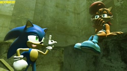 Size: 1920x1080 | Tagged: safe, artist:jcthornton, artist:micktrap397, sally acorn, sonic the hedgehog, chipmunk, hedgehog, 2024, 3d, building, duo, female, gmod, hand on mouth, laughing, looking at each other, male, open mouth, sally x sonic, sally's vest and boots, shipping, sitting, standing, straight, talking, tongue