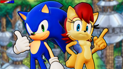 Size: 3840x2160 | Tagged: safe, artist:hunicrio, sally acorn, sonic the hedgehog, chipmunk, hedgehog, 2023, 3d, blender, duo, female, forest, knothole, looking at viewer, male, pose, sally x sonic, sally's vest and boots, shipping, smile, smiling at viewer, standing, straight