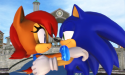 Size: 1280x772 | Tagged: safe, artist:cirs5sonic, artist:desperative, artist:sab64, sally acorn, sonic the hedgehog, chipmunk, hedgehog, 2021, 3d, bridge, building, daytime, duo, female, hands on another's shoulders, looking at each other, male, sally x sonic, sally's ringblader outfit, shipping, smile, smiling at each other, soleanna, source filmmaker, straight