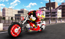 Size: 1280x772 | Tagged: safe, artist:cirs5sonic, artist:sab64, amy rose, shadow the hedgehog, hedgehog, 2020, 3d, amy x shadow, bridge, building, daytime, duo, female, looking at offscreen, male, motorcycle, riding, shipping, source filmmaker, straight, street, vehicle