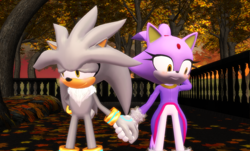 Size: 1280x772 | Tagged: safe, artist:cirs5sonic, artist:sab64, blaze the cat, silver the hedgehog, hedgehog, 3d, autumn, blaze x silver, blaze's tailcoat, blushing, car, clothes, daytime, dress, duo, female, holding hands, leaf, looking offscreen, male, park, road, shipping, shy, smile, source filmmaker, straight, sunset, tree