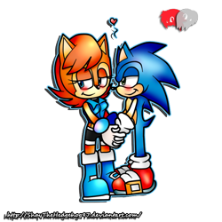 Size: 709x709 | Tagged: safe, artist:shaythehedgehog97, sally acorn, sonic the hedgehog, chipmunk, hedgehog, 2014, blushing, duo, english text, female, heart, holding hands, link, looking at them, looking offscreen, male, sally x sonic, sally's ringblader outfit, shipping, shy, smile, smiling at them, standing, straight, transparent background