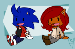 Size: 1300x848 | Tagged: safe, artist:melancholybat, sally acorn, sonic the hedgehog, chipmunk, hedgehog, 2017, abstract background, alternate universe, animated, chibi, clothes, duo, female, fully clothed, gif, jacket, male, meme, open mouth, open smile, pants, sally x sonic, shipping, shirt, shoes, sitting, smile, straight, t-shirt, tongue