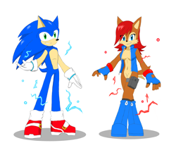 Size: 8000x6500 | Tagged: safe, artist:my-name-is-wolfiex73, sally acorn, sonic the hedgehog, chipmunk, hedgehog, 2024, aged up, alternate universe, duo, electricity, female, looking at viewer, male, pose, redesign, ringblader, sally x sonic, sally's vest and boots, shipping, simple background, smile, smiling at viewer, standing, straight, white background